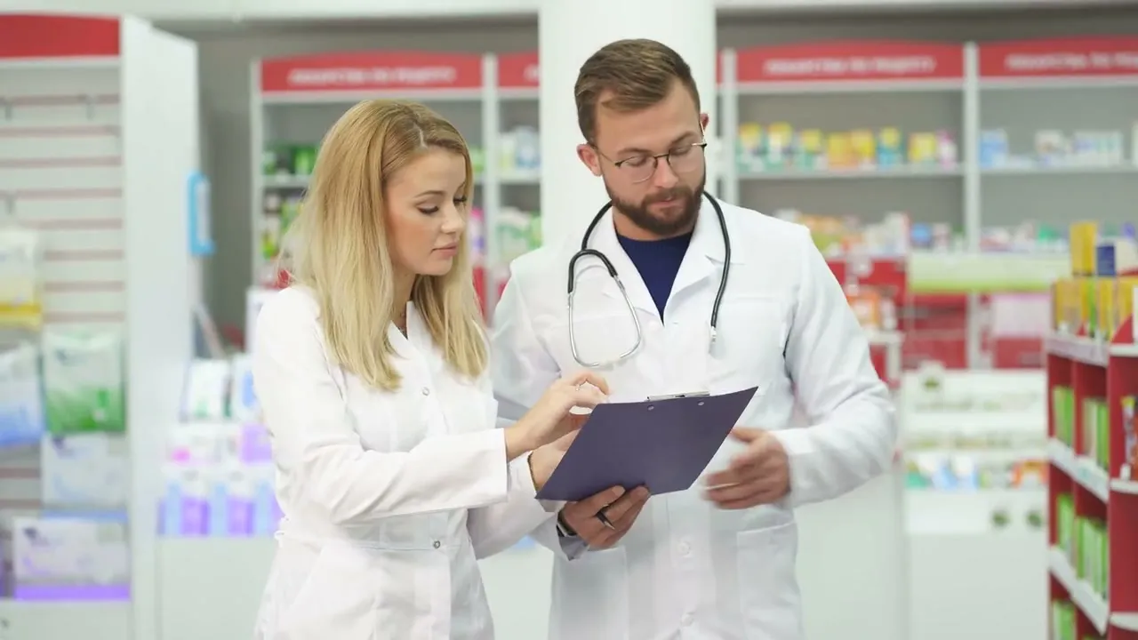 Two pharmacists in white coats review a chart together in a pharmacy